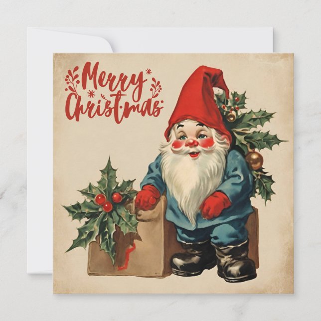 Merry Christmas Vintage Gnome  Holiday Card (Front)
