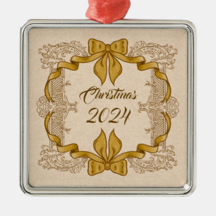 Merry Christmas Vintage Gold Bow Metal Tree Decoration