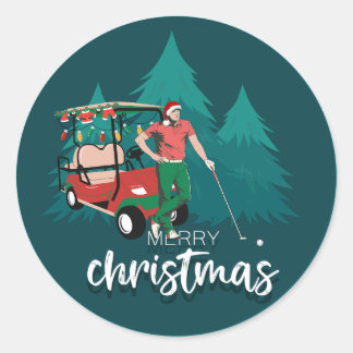 MERRY CHRISTMAS VINTAGE GOLFER GOLF CAR   CLASSIC ROUND STICKER
