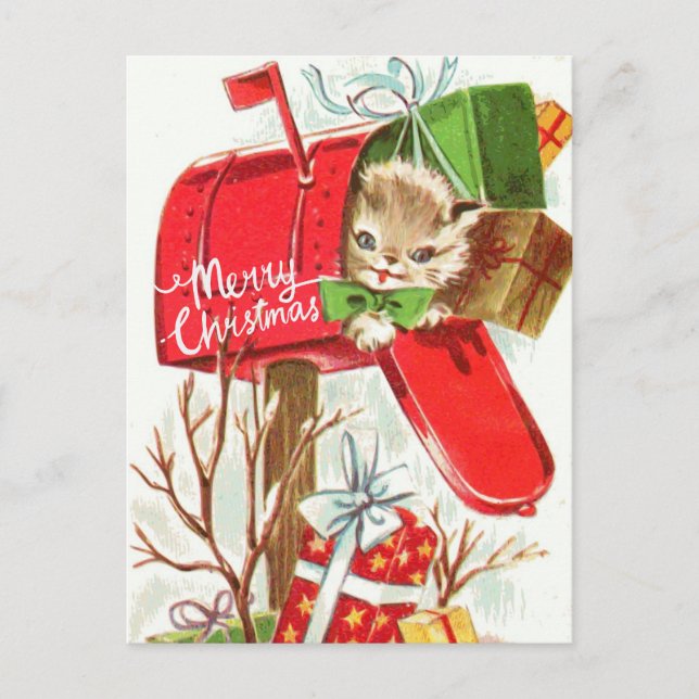 Merry Christmas Vintage Kitten in the Mailbox  Postcard (Front)