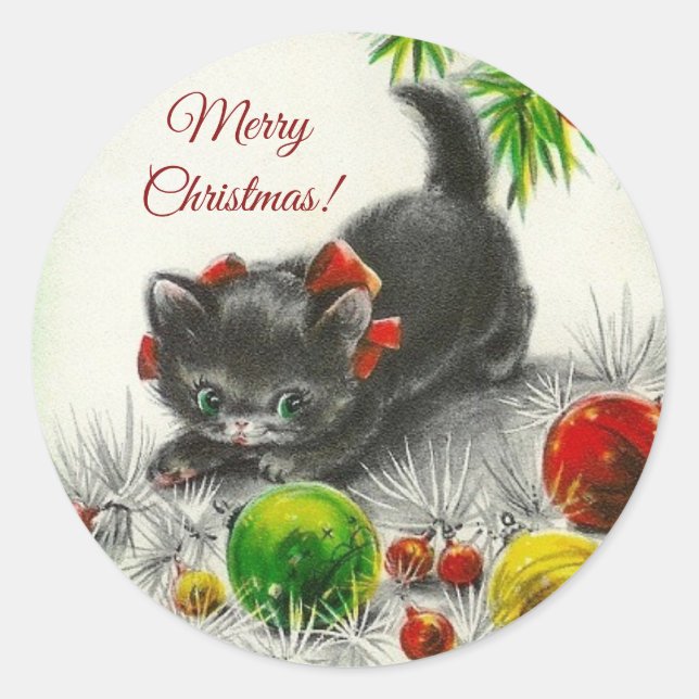 Merry Christmas Vintage Kitty Cat Classic Round Sticker (Front)