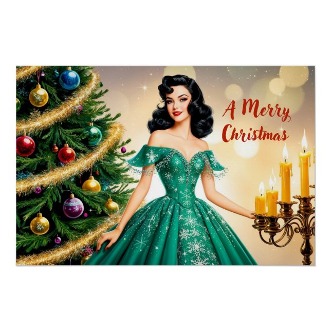 Merry Christmas Vintage Lady with Candles Poster (Front)