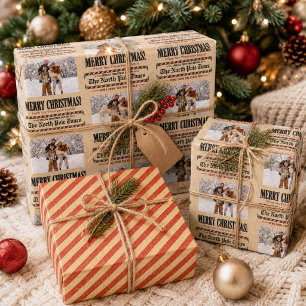 Merry Christmas Vintage Newspaper Custom Photo Wrapping Paper Sheet