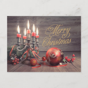 Merry Christmas Vintage Ornaments and Candles  Holiday Postcard
