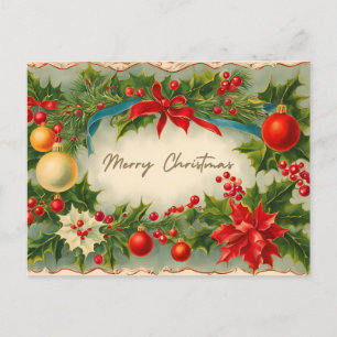 Merry Christmas Vintage Ornaments, Holly Berry  Holiday Postcard