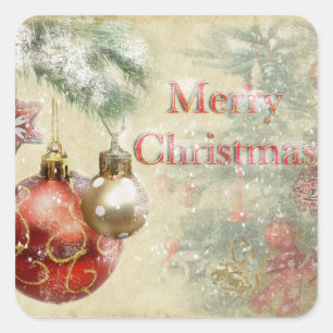 "Merry Christmas" Vintage Ornaments Square Sticker