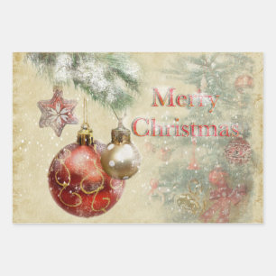 "Merry Christmas" Vintage Ornaments Wrapping Paper Sheet
