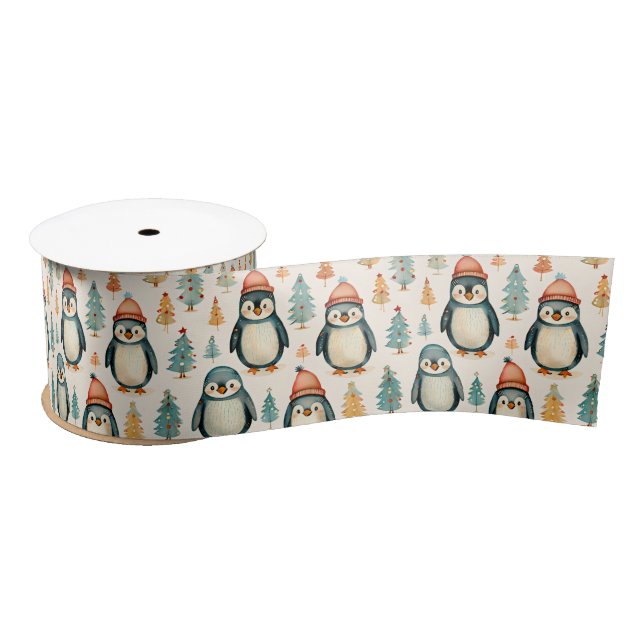 Merry Christmas  | Vintage Penguins Christmas Satin Ribbon (Spool)