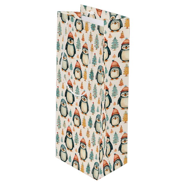 Merry Christmas  | Vintage Penguins Christmas Wine Gift Bag (Front Angled)