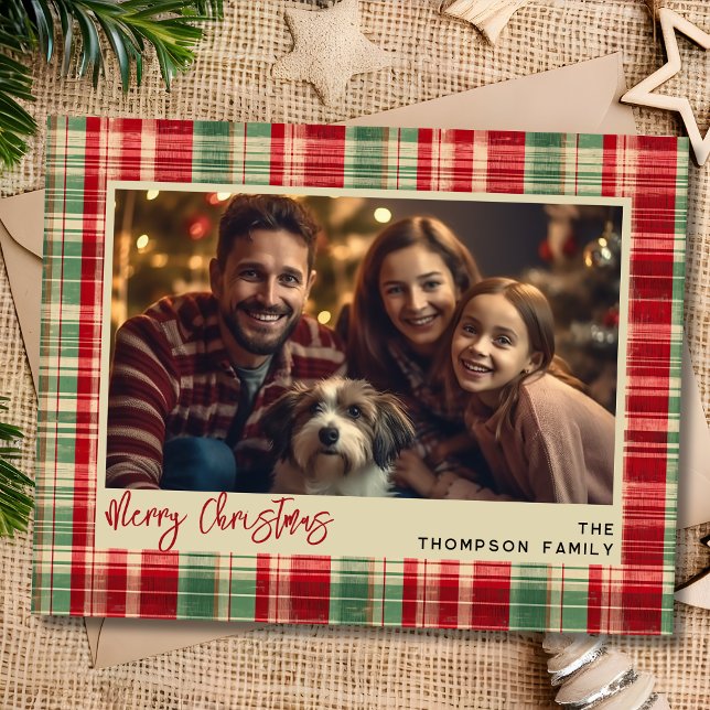 Merry Christmas vintage plaid custom photo card (Creator Uploaded)
