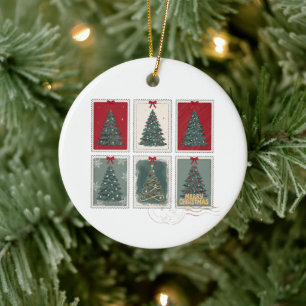 Merry Christmas Vintage Postage Stamps Tree Bow Ceramic Tree Decoration