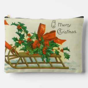 Merry Christmas - vintage postcard, sled and holly Accessory Pouch