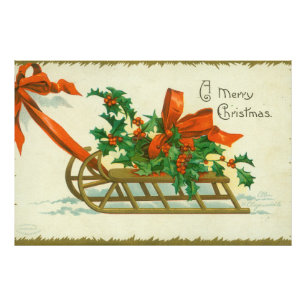 Merry Christmas - vintage postcard, sled and holly Photo Print