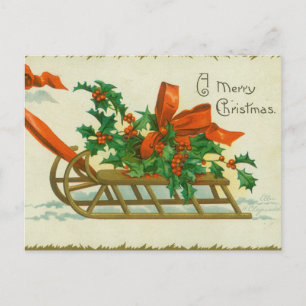 Merry Christmas - vintage postcard, sled and holly Postcard