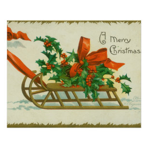 Merry Christmas - vintage postcard, sled and holly Poster