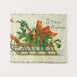 Merry Christmas - vintage postcard, sled and holly Tapestry