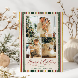 Merry Christmas Vintage Red Green Stripes 3 Photo Holiday Card