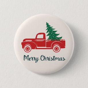 Merry Christmas Vintage Red Pickup Truck 6 Cm Round Badge
