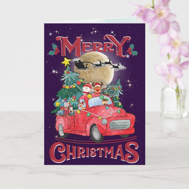 Merry Christmas Vintage Red Santa Truck Card (Orchid)
