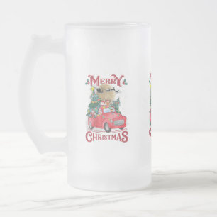 Merry Christmas Vintage Red Santa Truck Frosted Glass Beer Mug