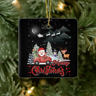 Merry Christmas Vintage Red Santa Truck Gifts Ceramic Ornament