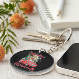 Merry Christmas Vintage Red Santa Truck Key Ring