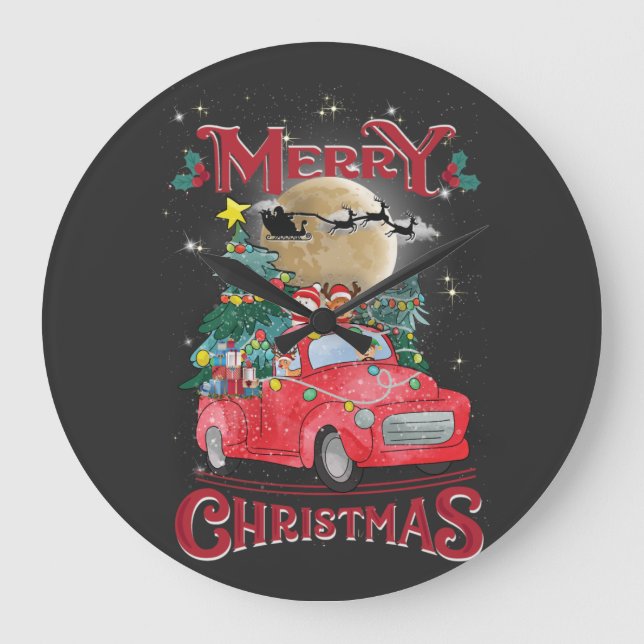 Merry Christmas Vintage Red Santa Truck Large Clock (Front)