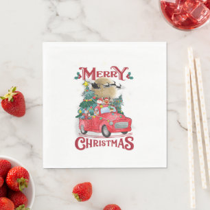 Merry Christmas Vintage Red Santa Truck Napkin