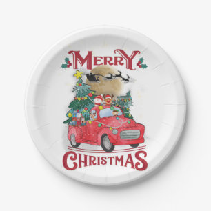 Merry Christmas Vintage Red Santa Truck Paper Plate