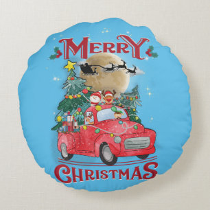 Merry Christmas Vintage Red Santa Truck Round Cushion