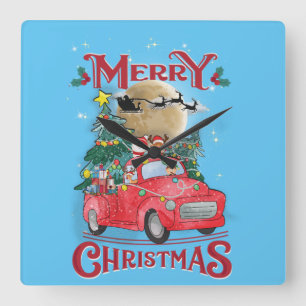 Merry Christmas Vintage Red Santa Truck Square Wall Clock