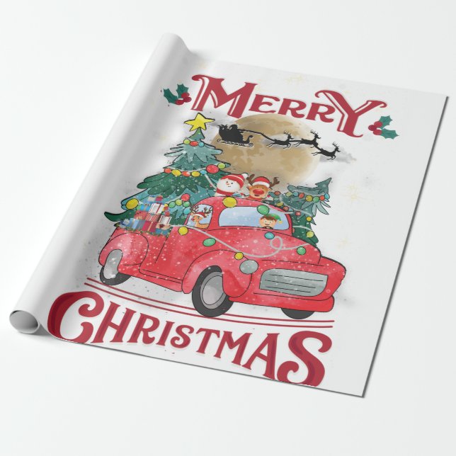 Merry Christmas Vintage Red Santa Truck Wrapping Paper (Unrolled)