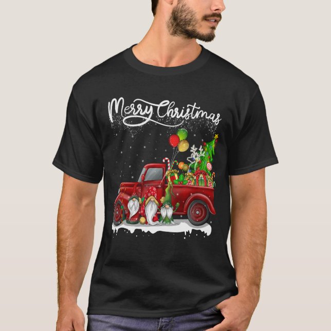 Merry Christmas Vintage Red Truck Gnomes T-Shirt (Front)