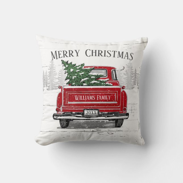 Merry Christmas Vintage Red Truck Name Rustic Cushion (Front)