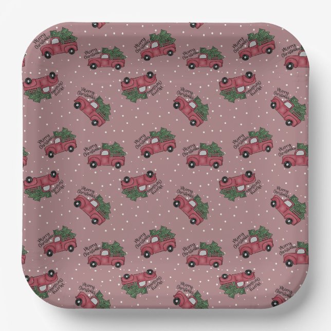 Merry Christmas Vintage Red Truck Paper Plate (Front)