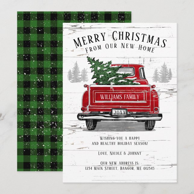 Merry Christmas Vintage Red Truck Plaid Moving Announcement (Front/Back)