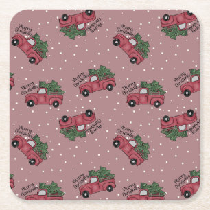 Merry Christmas Vintage Red Truck Square Paper Coaster