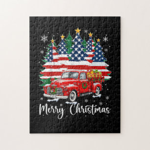 Merry Christmas Vintage Red Truck Us Flag Tree San Jigsaw Puzzle