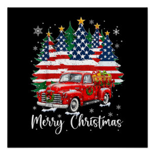 Merry Christmas Vintage Red Truck Us Flag Tree San Poster