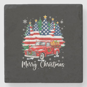 Merry Christmas Vintage Red Truck Us Flag Tree San Stone Coaster