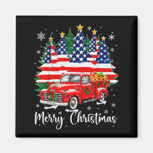 Merry Christmas Vintage Red Truck Us Flag Tree Xma Magnet
