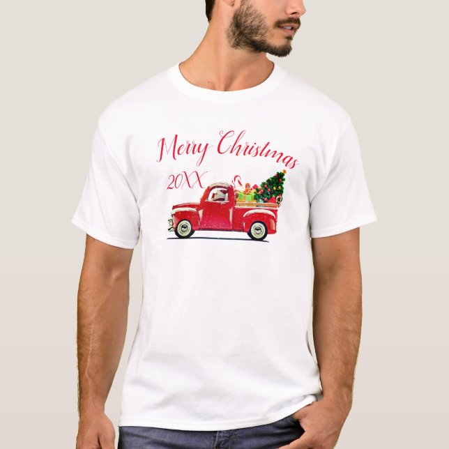 Merry Christmas Vintage Red Truck Year T-Shirt (Front)