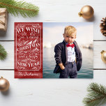 Merry Christmas Vintage Red Watercolor Photo Holiday Card<br><div class="desc">Send your holiday greetings in style with this card featuring a vintage typography design and the words "We Wish You a Merry Christmas and a Happy New Year" set against a red watercolor background. On the front, add your photo and name. Customise further on the back by adding your own...</div>