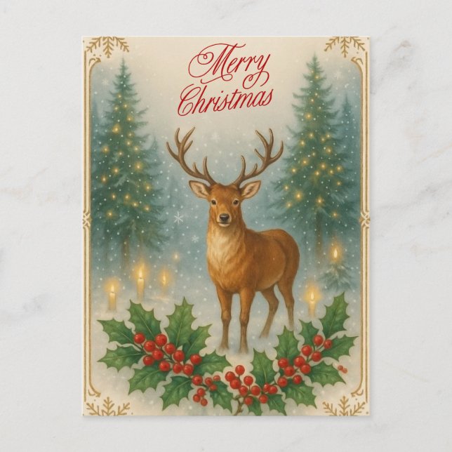Merry Christmas Vintage Reindeer, Holly Berry Holiday Postcard (Front)
