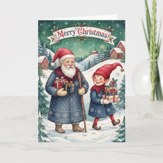 Merry Christmas Vintage Santa And Elf Card