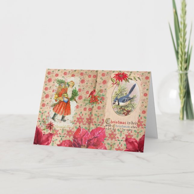 Merry Christmas Vintage Santa and Poinsettia Card (Front)