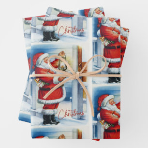 Merry Christmas Vintage Santa at your Doorstep  Wrapping Paper Sheet
