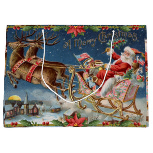 Merry Christmas Vintage Santa Claus on Sleigh  Large Gift Bag