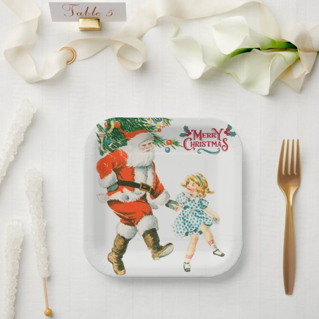 Merry Christmas vintage santa Holiday Paper Plate (Wedding)