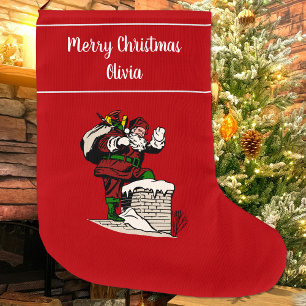 Merry Christmas Vintage Santa Personalised Red Large Christmas Stocking